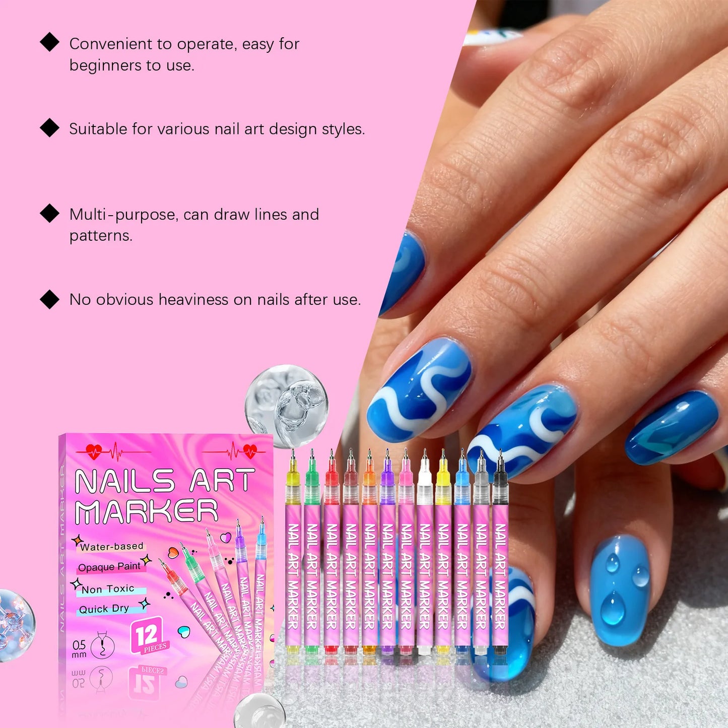 12-Piece Nail Art Drawing Pen Set – Waterproof DIY Markers