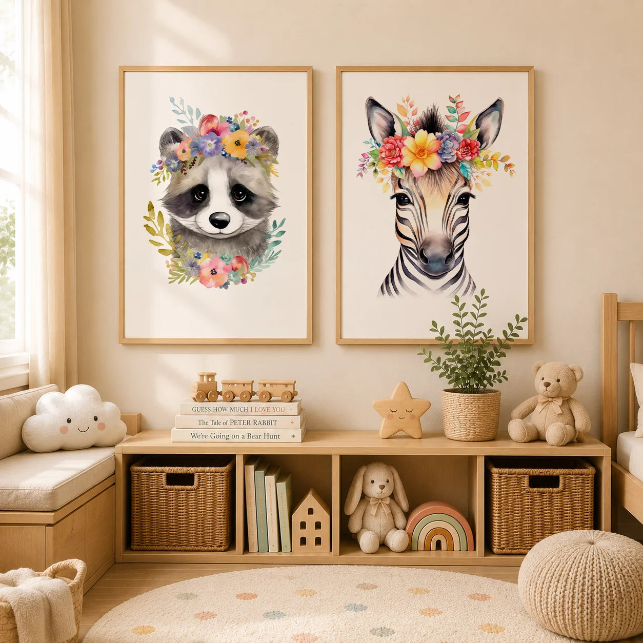 Nursery Bunny Sloth Floral Canvas Wall Art | Kids Room Decor Canvas Wall Art Print Peaceful Pleasures Health and Wellness