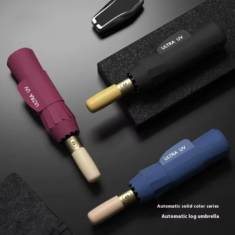 Large Auto Folding Umbrella – Solid Wood Handle & 12 Ribs