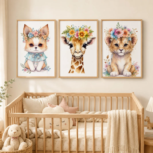Nursery Animal Canvas Art – Lion Bear Fox Floral Crown Kids Decor Nursery Canvas Print Peaceful Pleasures Health and Wellness