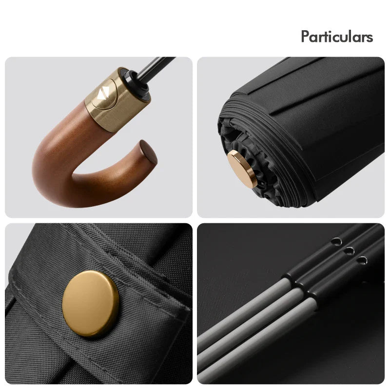 Windproof Auto Folding Umbrella – UV Protection & Wooden Handle