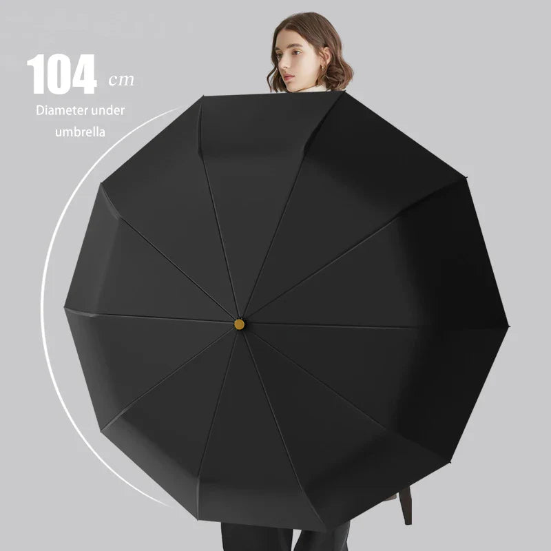 Windproof Auto Folding Umbrella – UV Protection & Wooden Handle
