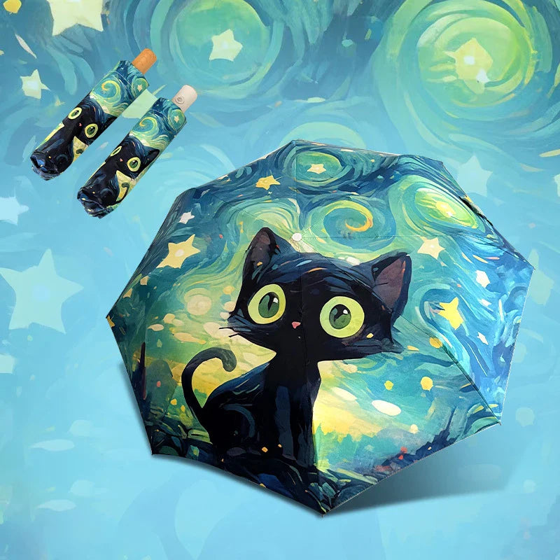 Green Cartoon Cat Folding Umbrella – UV & Rain Protection