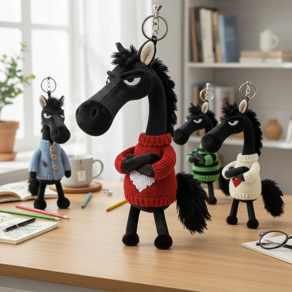 Cool Black Horse Plush Toy Wearing Sweater 2026 Mascot Key Chain