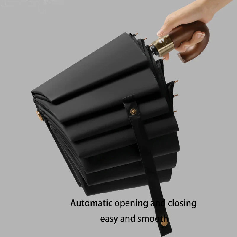 Windproof Auto Folding Umbrella – UV Protection & Wooden Handle