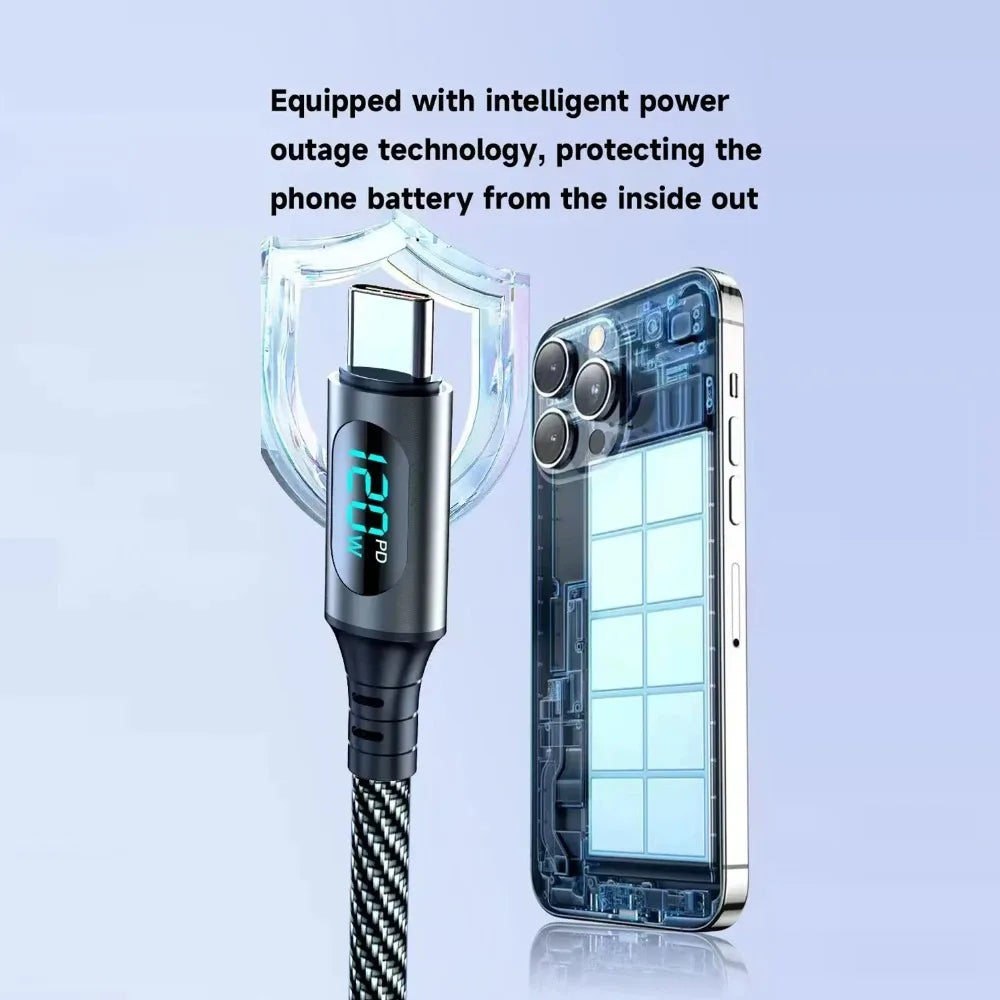 120W USB-A to USB-C Fast Charging Cable 6A | LED Display