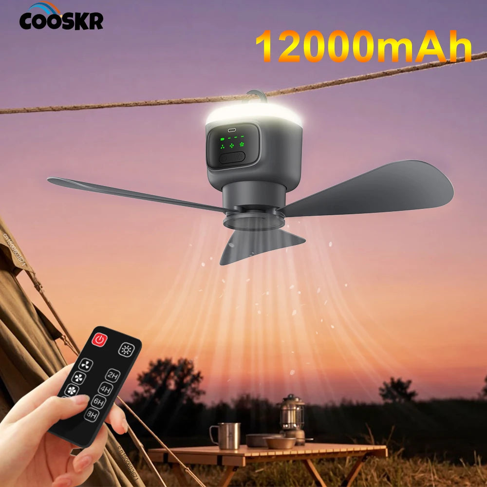 12000mAh Rechargeable Ceiling Fan Outdoor Tent Hook Wireless Ceiling Fan Portable Air Circulation Camping Fan with Light Remote Peaceful Pleasures Health and Wellness