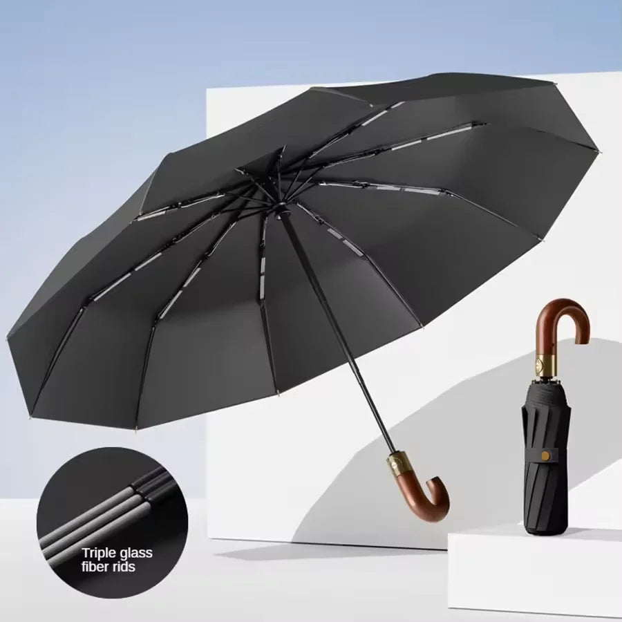 Windproof Auto Folding Umbrella – UV Protection & Wooden Handle