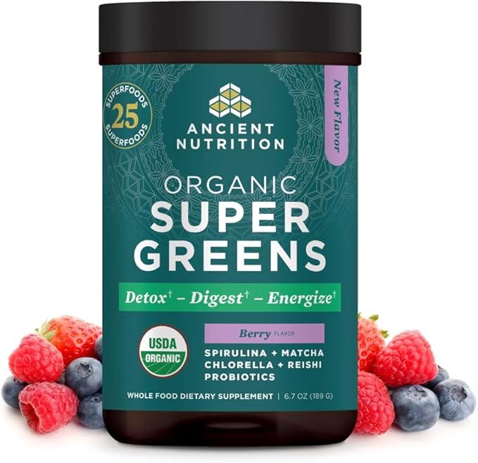2 Pack! TWO Ancient Nutrition SuperGreens Powder with Probiotics, Organic Berry Flavor Greens, Made from Real Fruits, Vegetables and Herbs, Digestive and Energy Support, 25 Servings, 6.7oz
