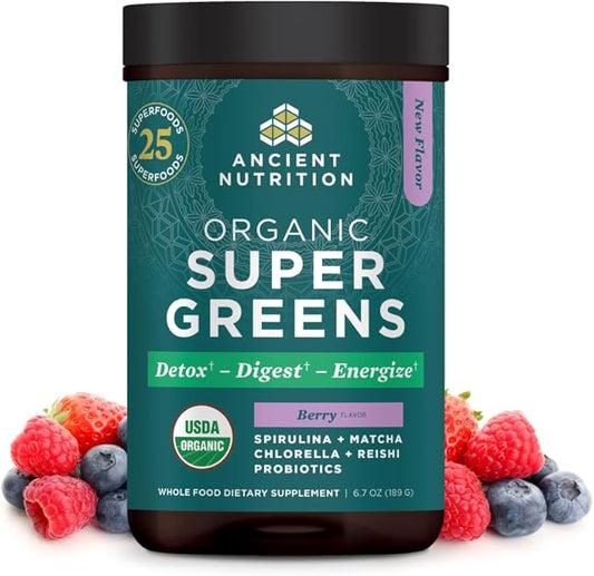 2 Pack! TWO Ancient Nutrition SuperGreens Powder with Probiotics, Organic Berry Flavor Greens, Made from Real Fruits, Vegetables and Herbs, Digestive and Energy Support, 25 Servings, 6.7oz