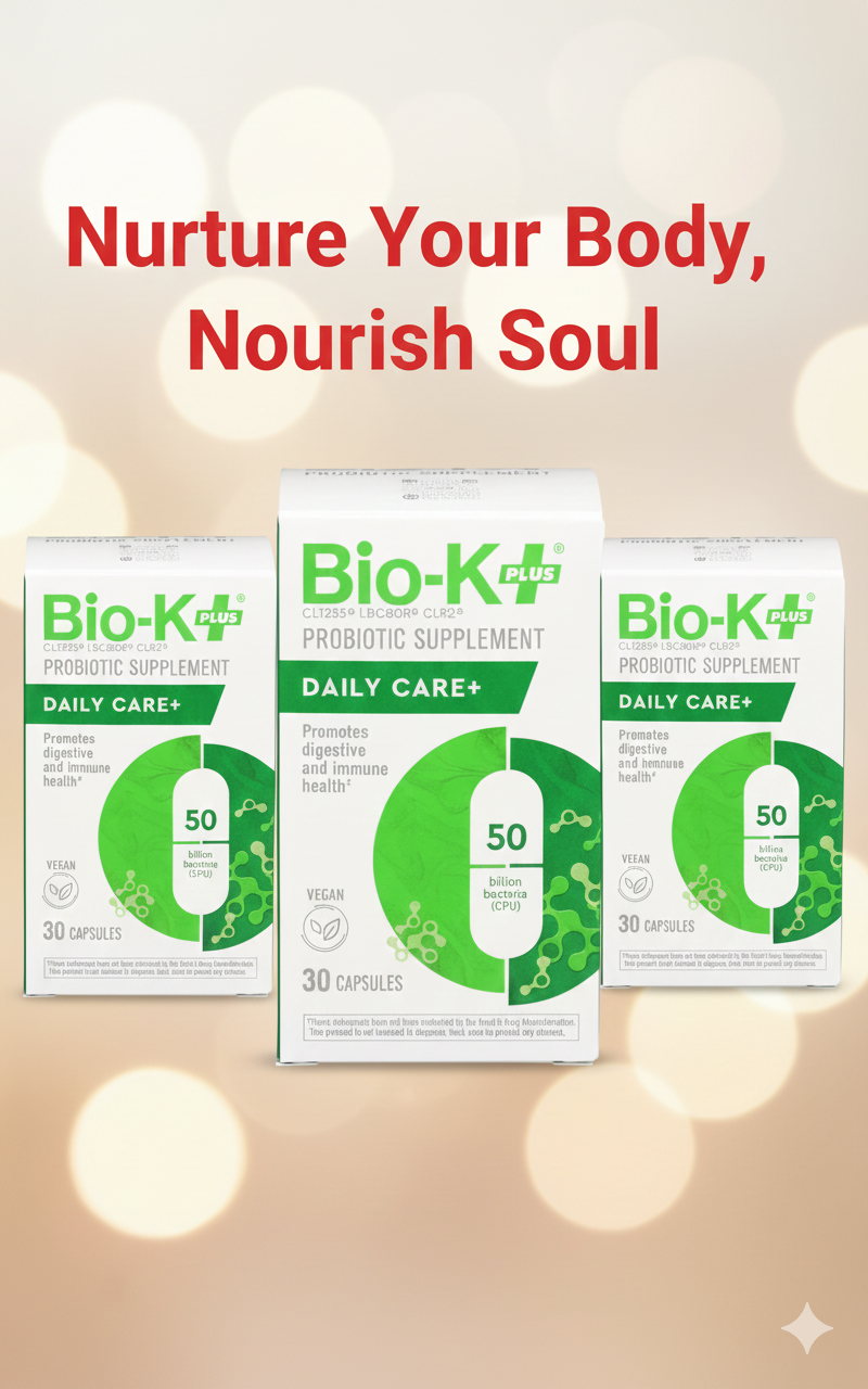 hree-pack of Bio-K Plus Dailycare Probiotic Supplement boxes, 50 Billion CFUs, 30 capsules each, shown together.