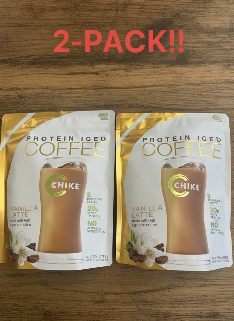 Two packages of Chike Protein Iced Coffee on a brown textured surface with text 'Because You're Worth It!' above.