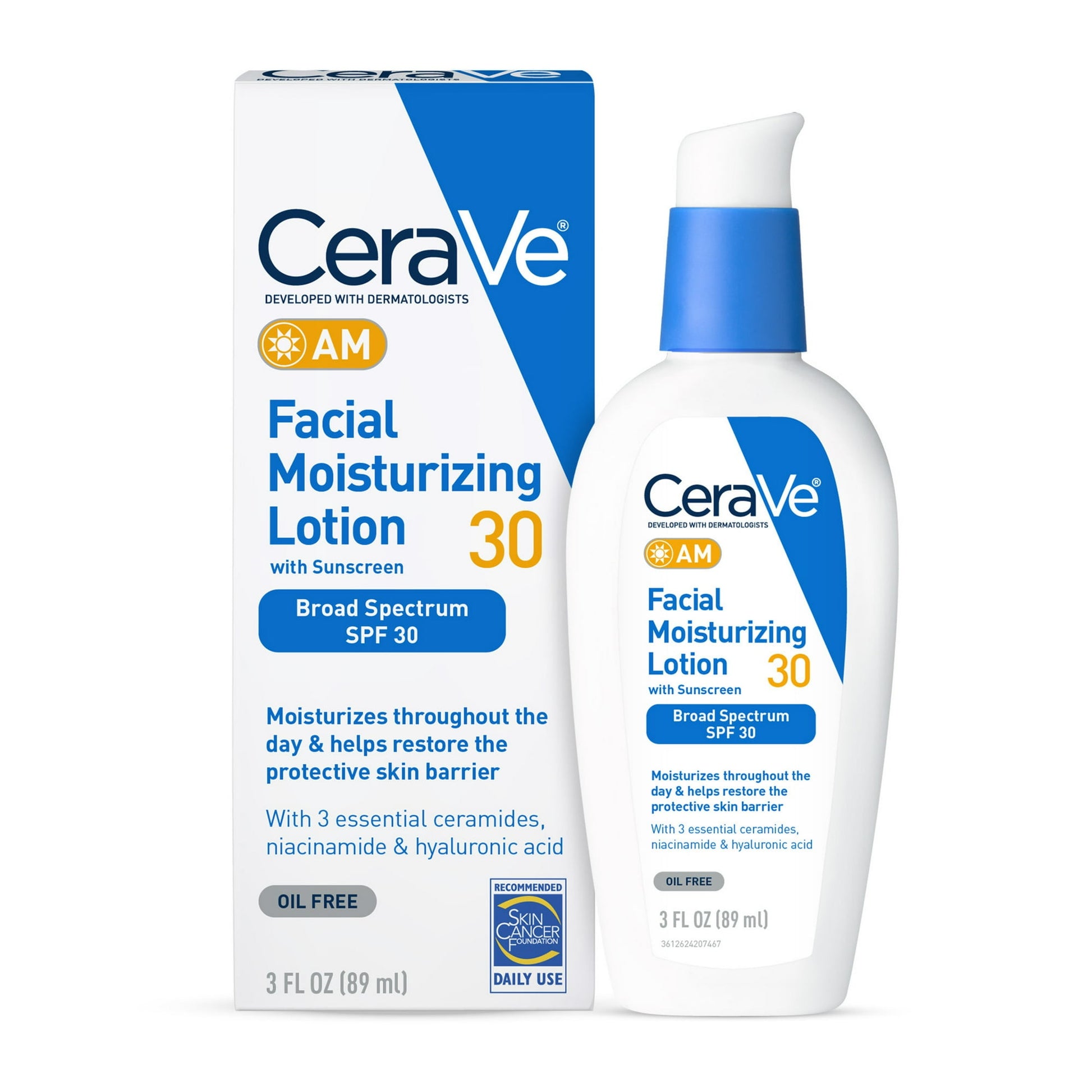 CeraVe facial moisturizing lotion with sunscreen packaging on a white background
