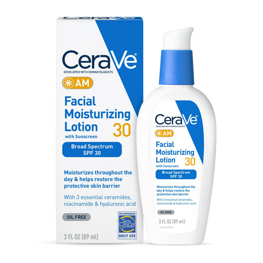 CeraVe facial moisturizing lotion with sunscreen packaging on a white background