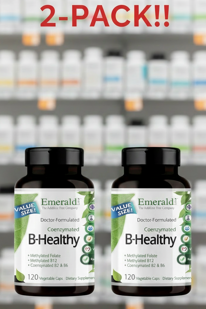 Two bottles of Emerald Labs B-Healthy supplement with a sale notice in a pharmacy setting.