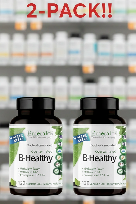 Two bottles of Emerald Labs B-Healthy supplement with a sale notice in a pharmacy setting.