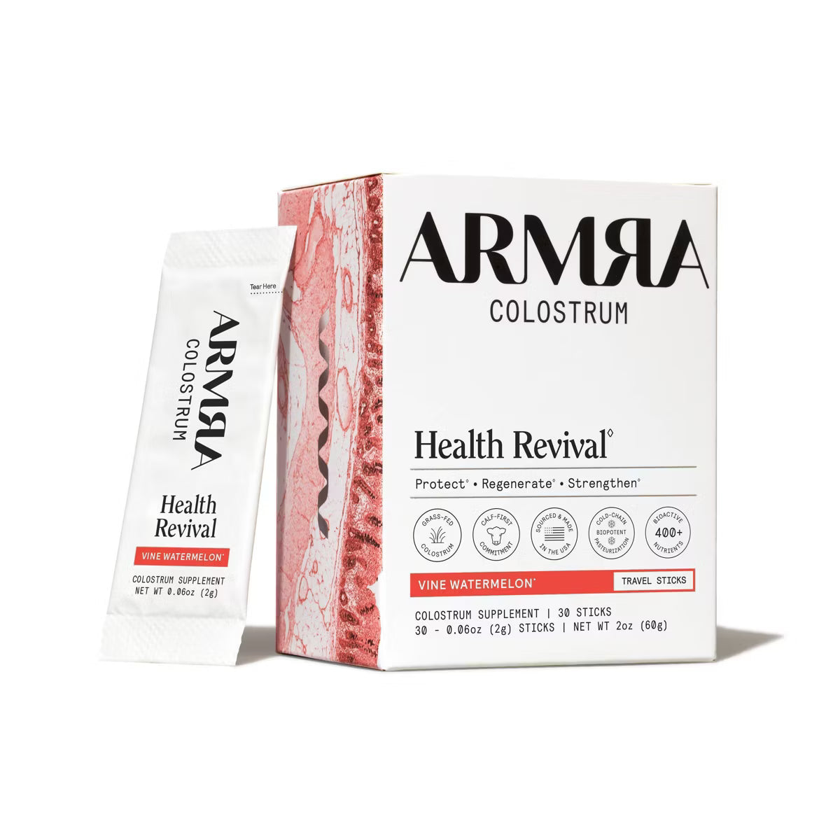 ARMRA Colostrum Health Revival package with a white background