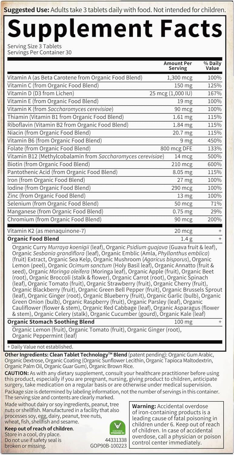 Garden of Life Organics Prenatal Multivitamin facts label showing organic ingredients and comprehensive nutrient profile.