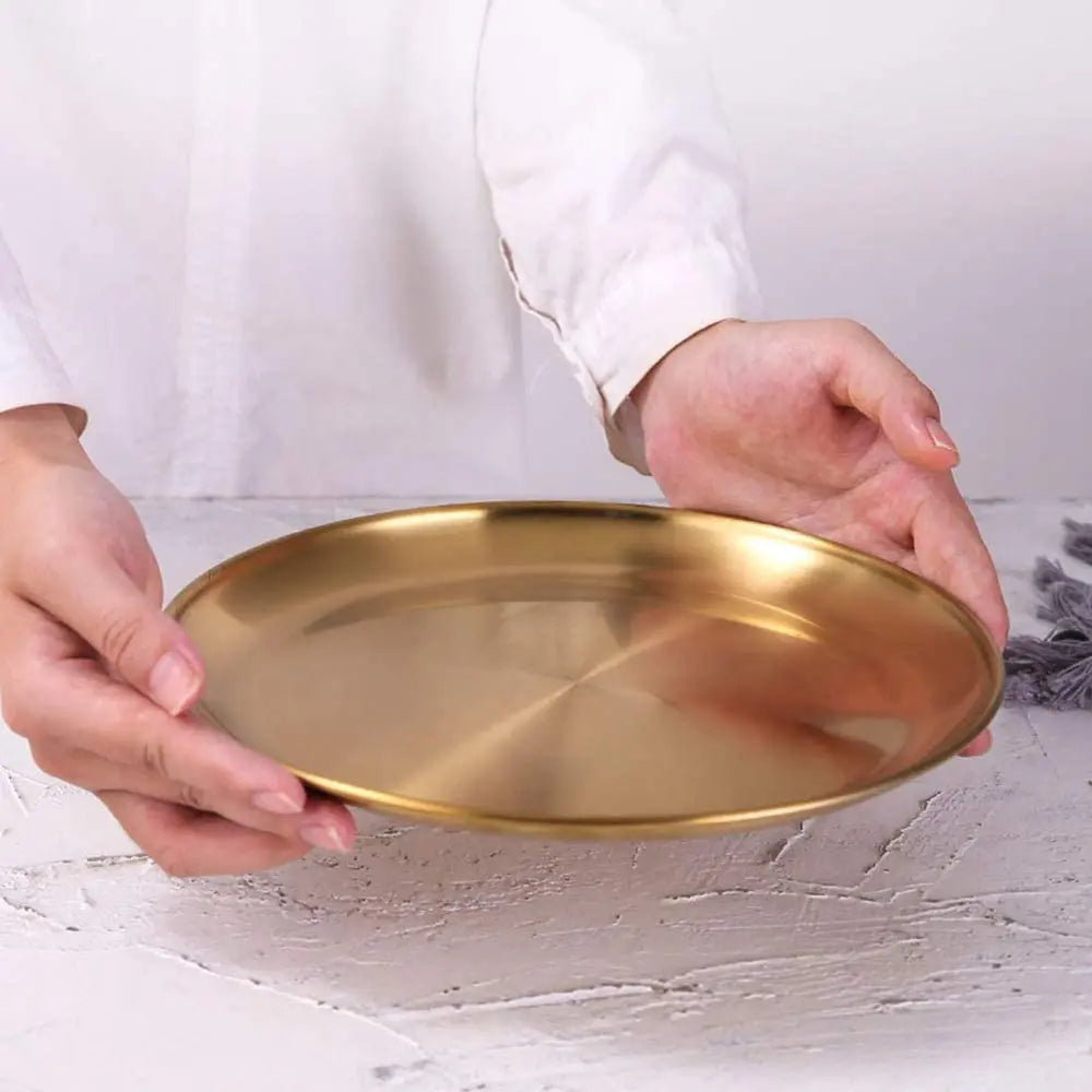 Stainless Steel Gold Plates Round Dinner Plate Dessert Salad Plates Metal Platter for Kids Camping Picnic Peaceful Pleasures Health and Wellness