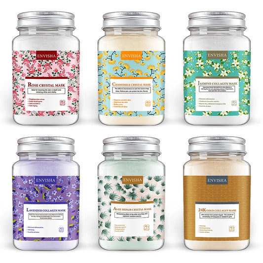 Set of Envisha facial mask jars with colorful labels on a white background