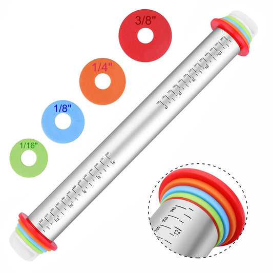 Adjustable Stainless Steel Rolling Pins 4 Removable Thickness Rings Pastry Mat for Dough Pizza Pastry Pie Cookies Bakeware Tool Peaceful Pleasures Health and Wellness