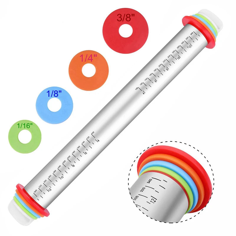 17-Inch Adjustable Stainless Steel Rolling Pin | 4 Thickness Rings & Silicone Baking Mat