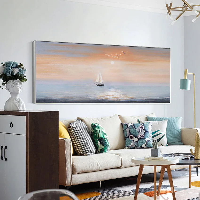 Handmade Canvas Oil Painting – Sailboat & Landscape Wall Art Canvas Oil Painting Peaceful Pleasures Health and Wellness