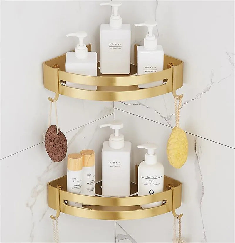 Brushed Gold Triple-Tier Corner Shelf | Wall Mounted Bathroom