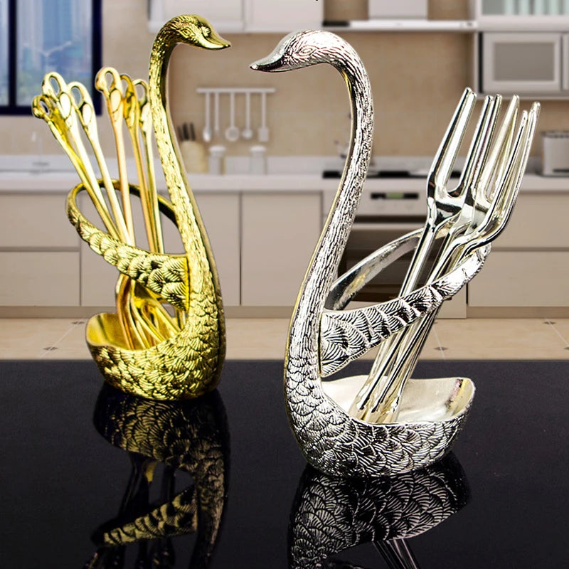 Swan Holder 7-Piece Dessert Fork & Spoon Set – Decorative Tableware for Wedding, Party & Home
