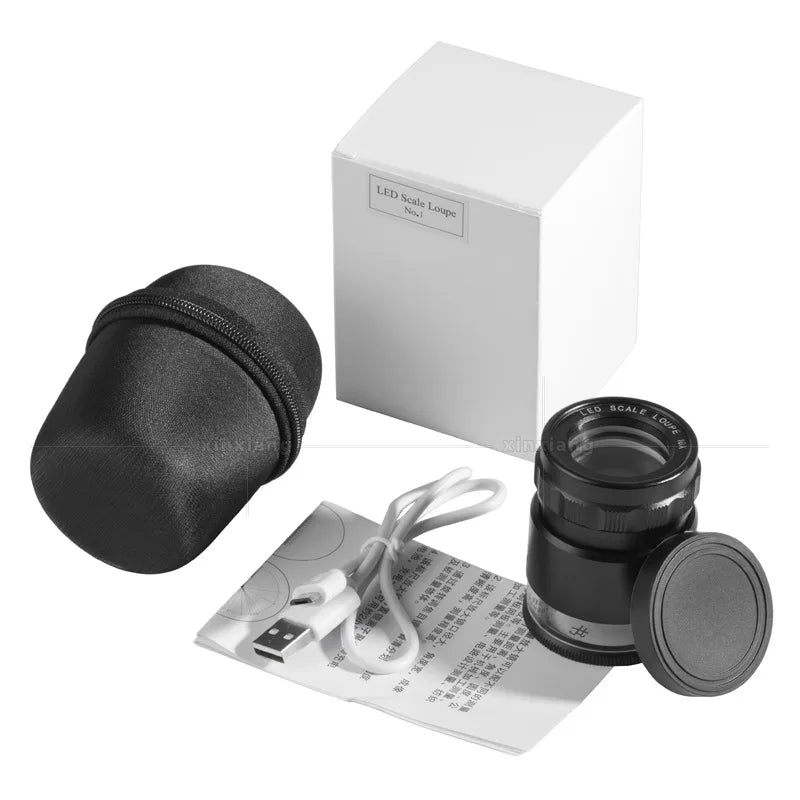 10X Full Metal Cylindrical Measuring Scale Usb Rechargeable Optical Magnifying Glass Six Led Lights with Cloth Bag Loupe Peaceful Pleasures Health and Wellness