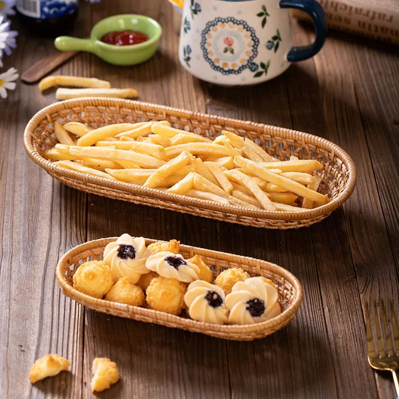 Hand-Woven Rattan Serving Tray – Oval Bread Basket, Fruit & Snack Plate