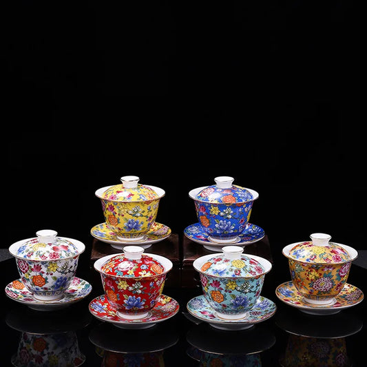 HMLOVE White Porcelain Sancai Gaiwan Enamel Cover Bowl Lid Saucer Peaceful Pleasures Health and Wellness