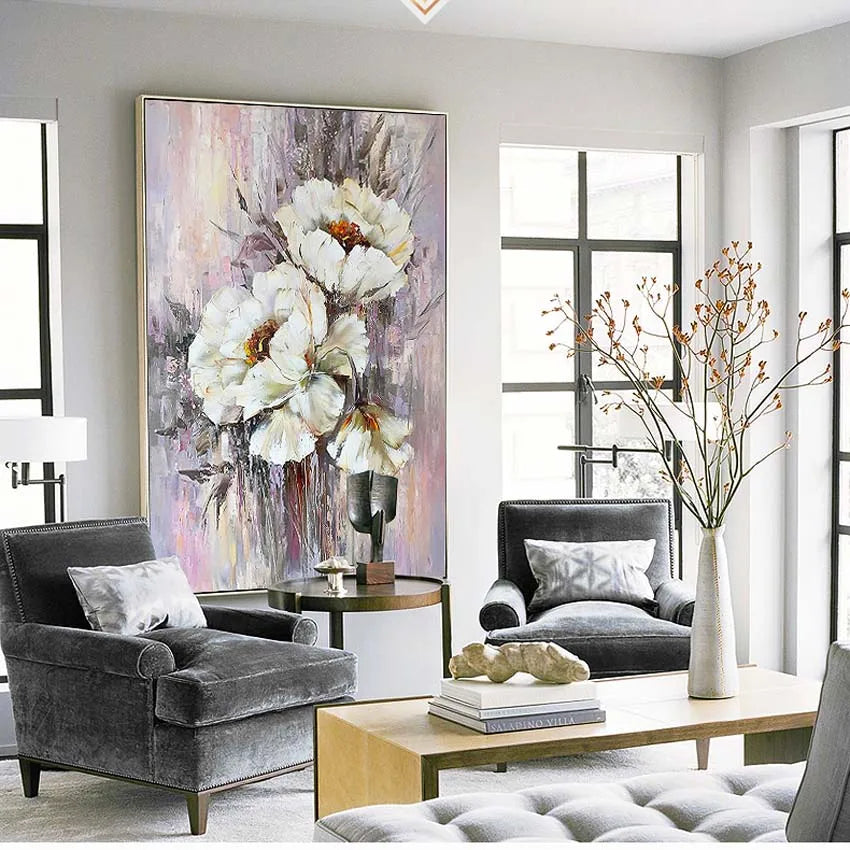The beautiful white flower oil painting on the high-quality canvas is used for home decoration in the parlour bedroom and hotel Peaceful Pleasures Health and Wellness