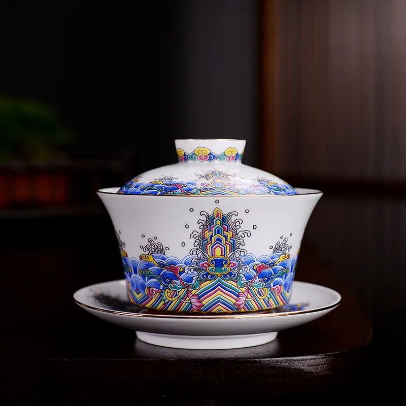 HMLOVE Enamel Sancai Gaiwan Large Capacity White Porcelain Cover Bowl