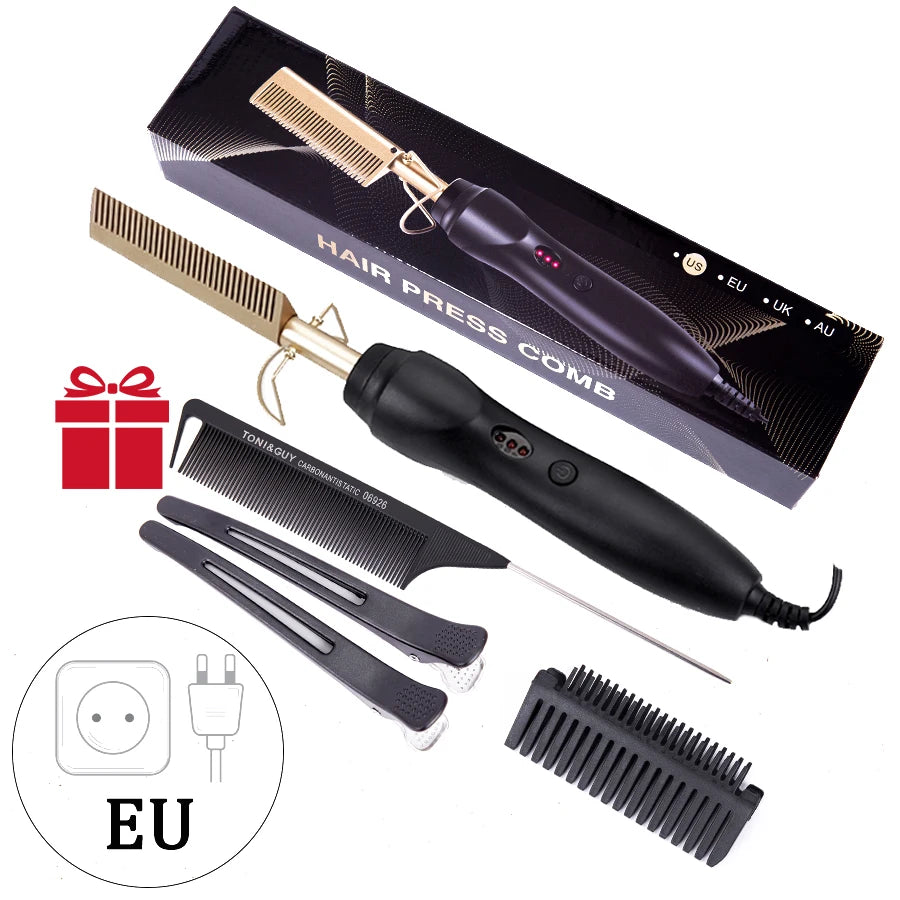 3 in 1 Hot Comb Straightener Electric Hair Straightener Hair Curler Wet Dry Use Hair Flat Irons Hot Heating Comb For Hair Peaceful Pleasures Health and Wellness Golden EU