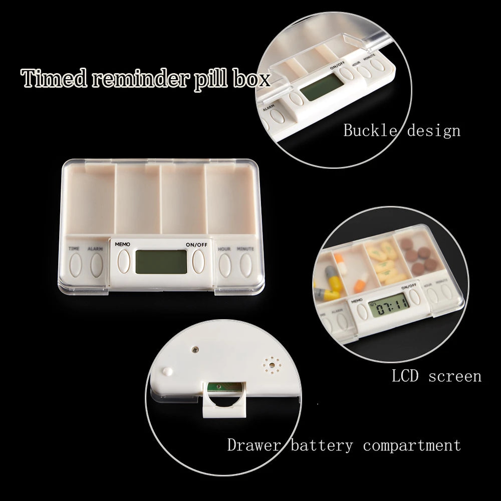 4 Grid pill box medicine Storage Box Electronic Timing Reminder Medicine Boxes Alarm Timer Pills Organizer Pill Drug Container Peaceful Pleasures Health and Wellness
