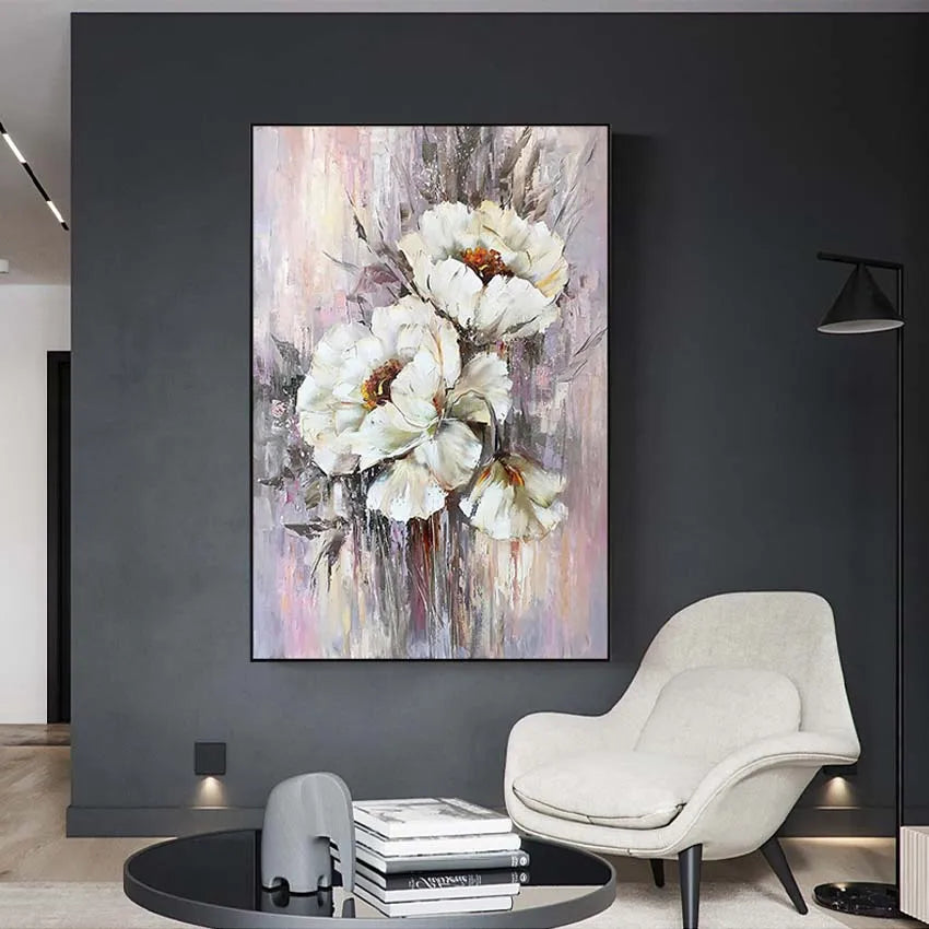 The beautiful white flower oil painting on the high-quality canvas is used for home decoration in the parlour bedroom and hotel Peaceful Pleasures Health and Wellness