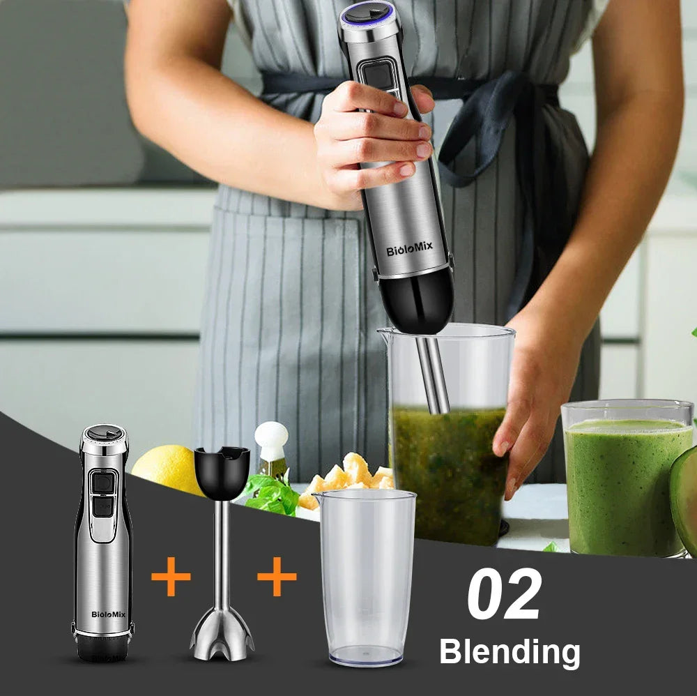 BioloMix 4 in 1 High Power 1200W Immersion Hand Stick Blender Mixer Includes Chopper and Smoothie Cup Stainless Steel Ice Blades Peaceful Pleasures Health and Wellness