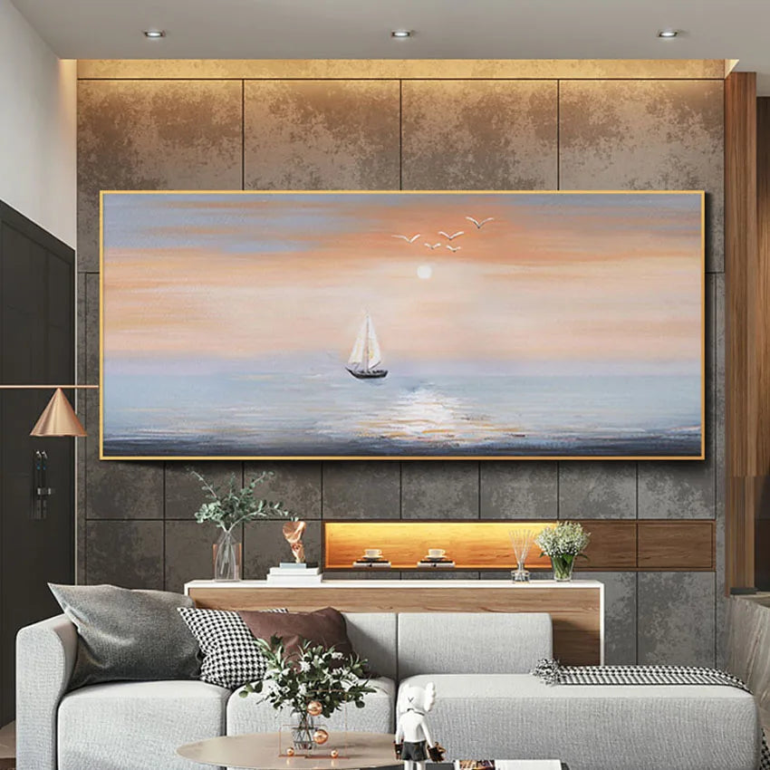 Handmade Canvas Oil Painting – Sailboat & Landscape Wall Art Canvas Oil Painting Peaceful Pleasures Health and Wellness
