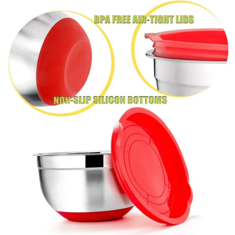 5 Pieces Stainless Steel Mixing Bowls Metal Nesting Bowls with Colorful Airtight Lids Non-Slip Bottoms 18/20/22/24/26cm Diameter Peaceful Pleasures Health and Wellness