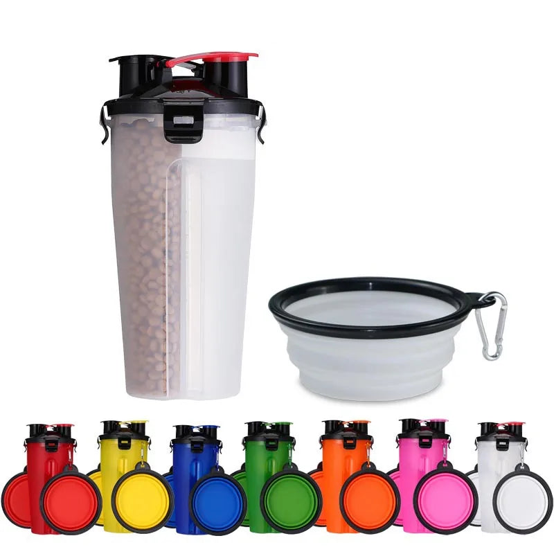 2-in-1 Portable Pet Water & Food Container with Foldable Silicone Bowl | Travel Dog & Cat Feeder – 350ml + 250g