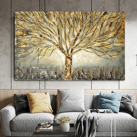 Gold Tree of Life Oil Painting Poster and Prints on Canvas Abstract Art Pictures Modern Wall Art For Home Living Room Decoration Peaceful Pleasures Health and Wellness