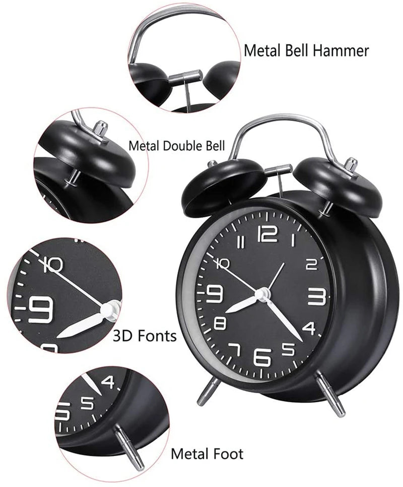 4 Inch Twin Bell Loud Alarm Clock Metal Frame 3D Dial with Backlight Battery Operate Desk Table Alarm Clock For Home and Office Peaceful Pleasures Health and Wellness