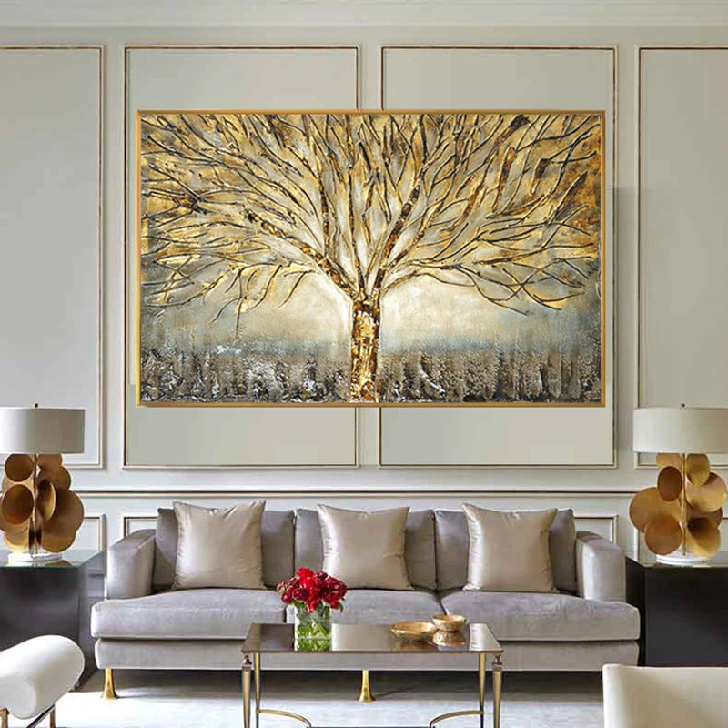 Gold Tree of Life Oil Painting Poster and Prints on Canvas Abstract Art Pictures Modern Wall Art For Home Living Room Decoration Peaceful Pleasures Health and Wellness