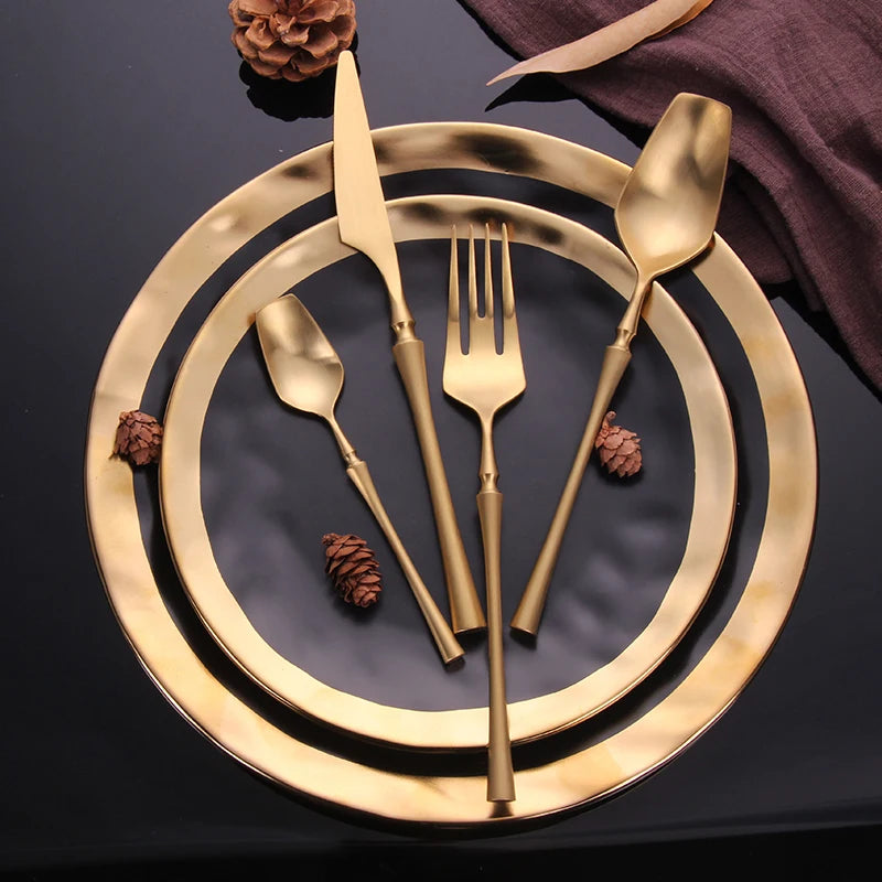 24-Piece Stainless Steel Cutlery Set – Gold & Black Mirror Polish Flatware for 6 | Knife, Fork, Spoon & Tea Spoon