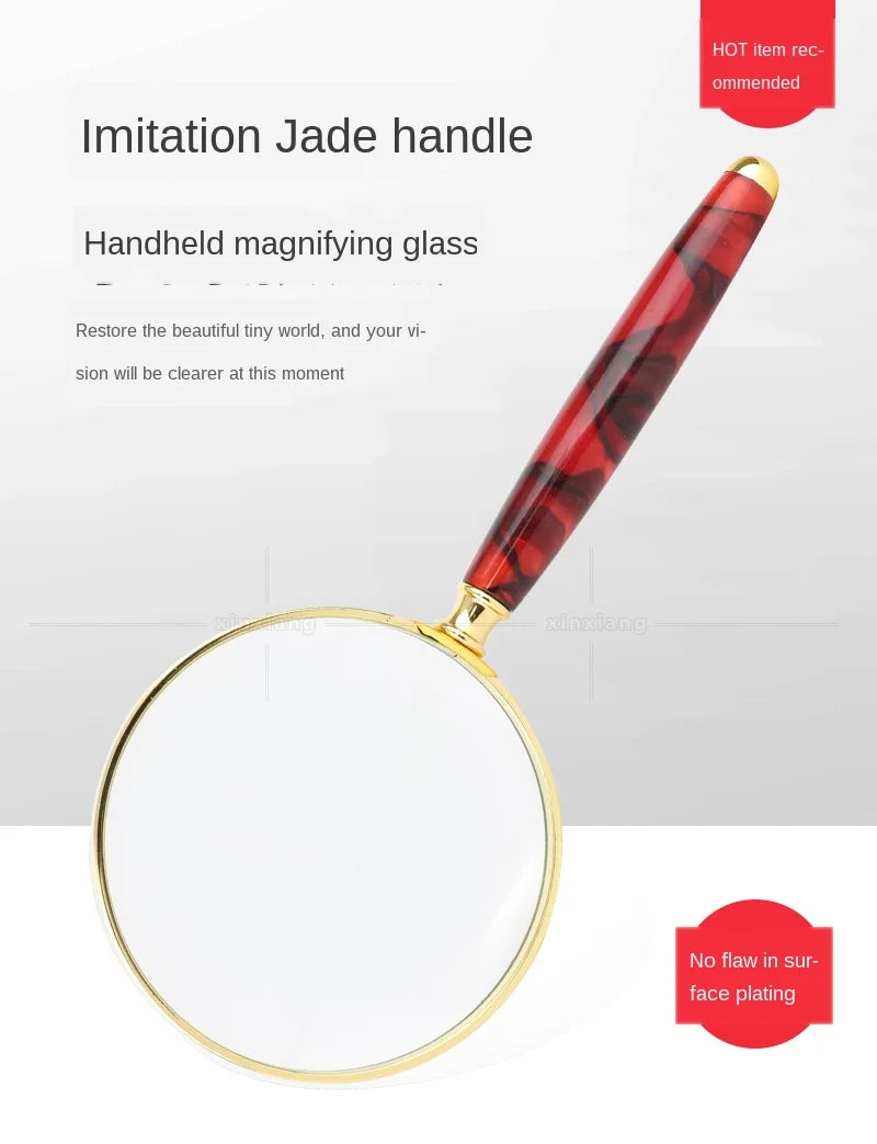 Factory Direct Hand-Held Jade Handle Zinc Alloy Frame Gold-Plated Elders Parents Reading Newspapers Philatelic Magnifying Glass Peaceful Pleasures Health and Wellness