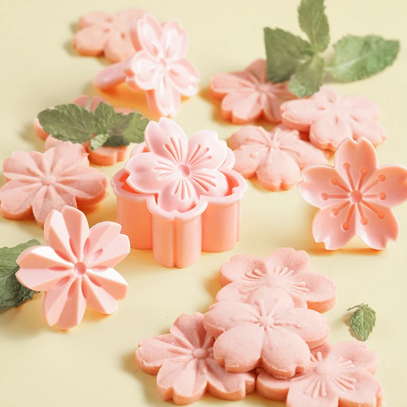 5-Piece Sakura Cherry Blossom Cookie Cutter & Stamp Mold Set – Floral Biscuit & Fondant Baking Tool