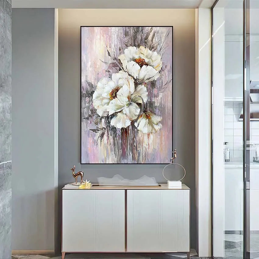The beautiful white flower oil painting on the high-quality canvas is used for home decoration in the parlour bedroom and hotel Peaceful Pleasures Health and Wellness