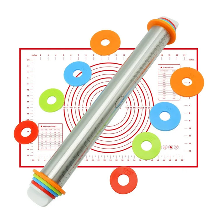 17-Inch Adjustable Stainless Steel Rolling Pin | 4 Thickness Rings & Silicone Baking Mat