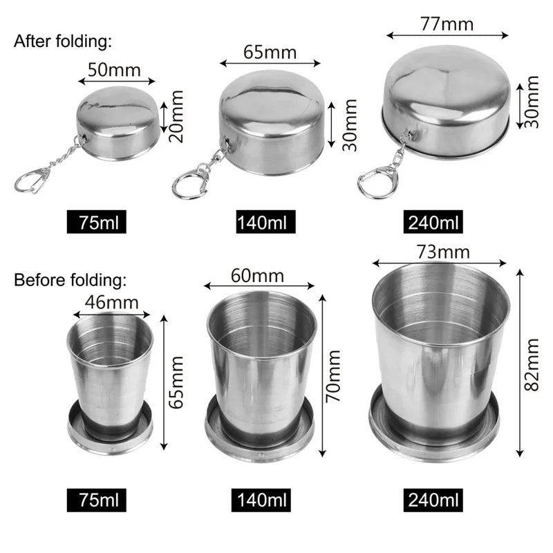 Mini Stainless Steel Portable Outdoor Travel Camping Folding Collapsible Cup Telescopic Mug with Keychain 75Ml /140Ml /240Ml Peaceful Pleasures Health and Wellness